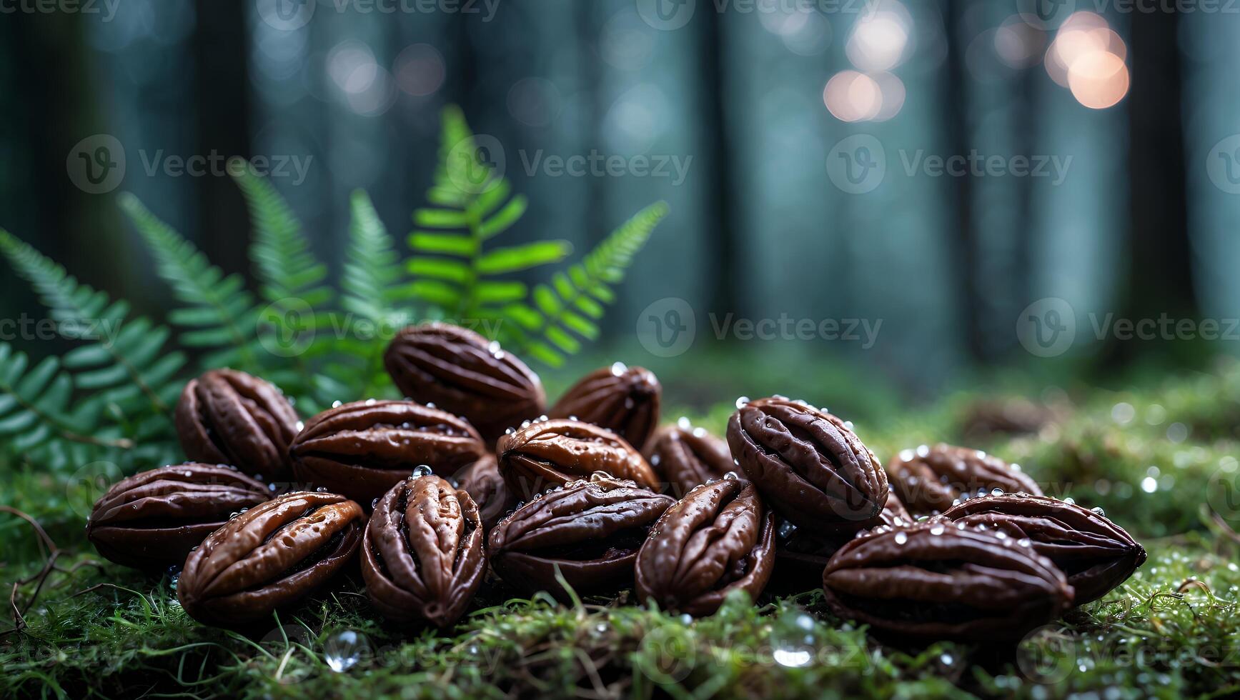 Collection of Seeds with Water Droplets on Moss in Forest Setting photo