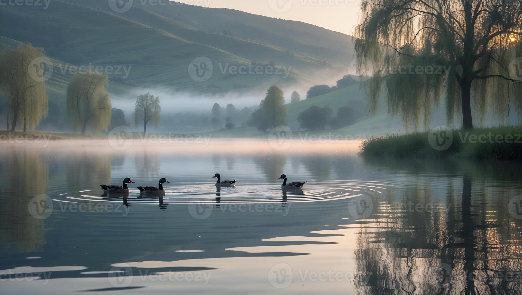 Ducks Swimming on Misty Lake Reflecting Hillside and Weeping Willow photo