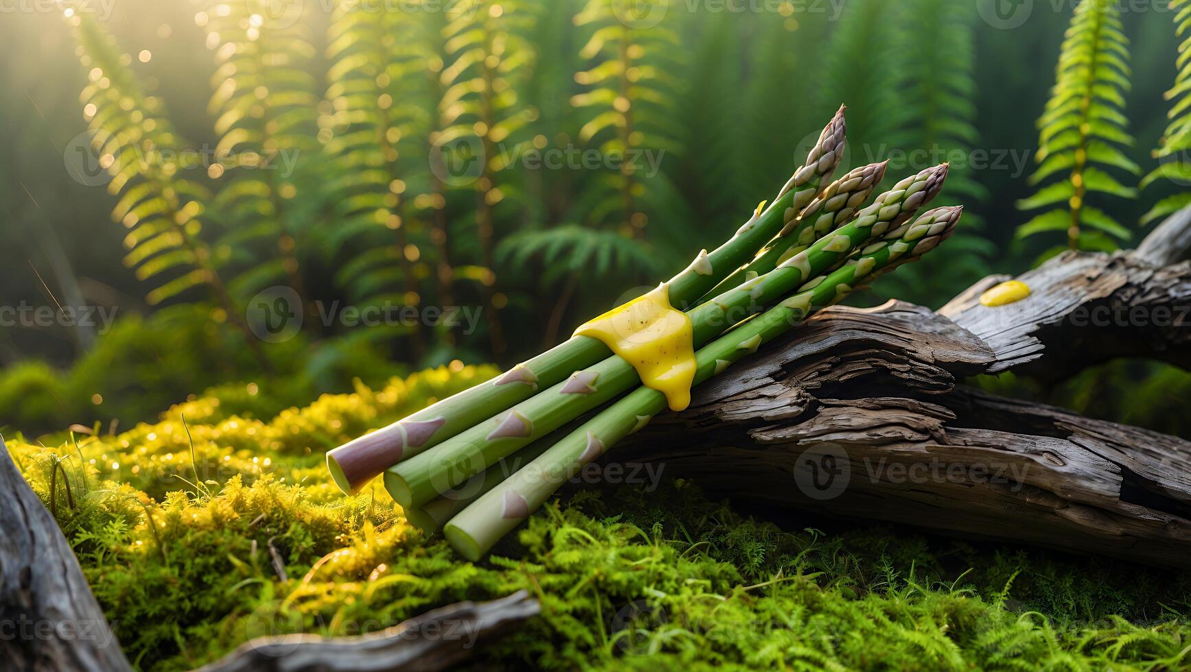 Asparagus Bundle with Sauce Resting on Mossy Wood Outdoors photo