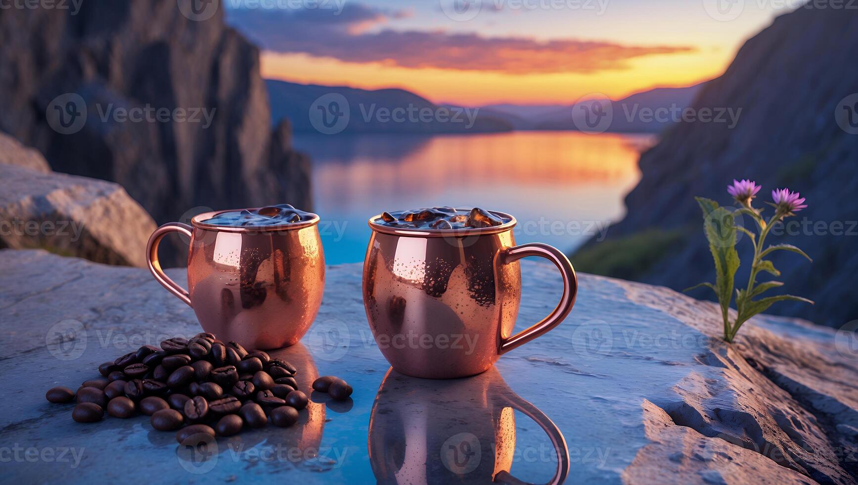 Coffee in Copper Mugs with Mountain Lake Sunset Background photo