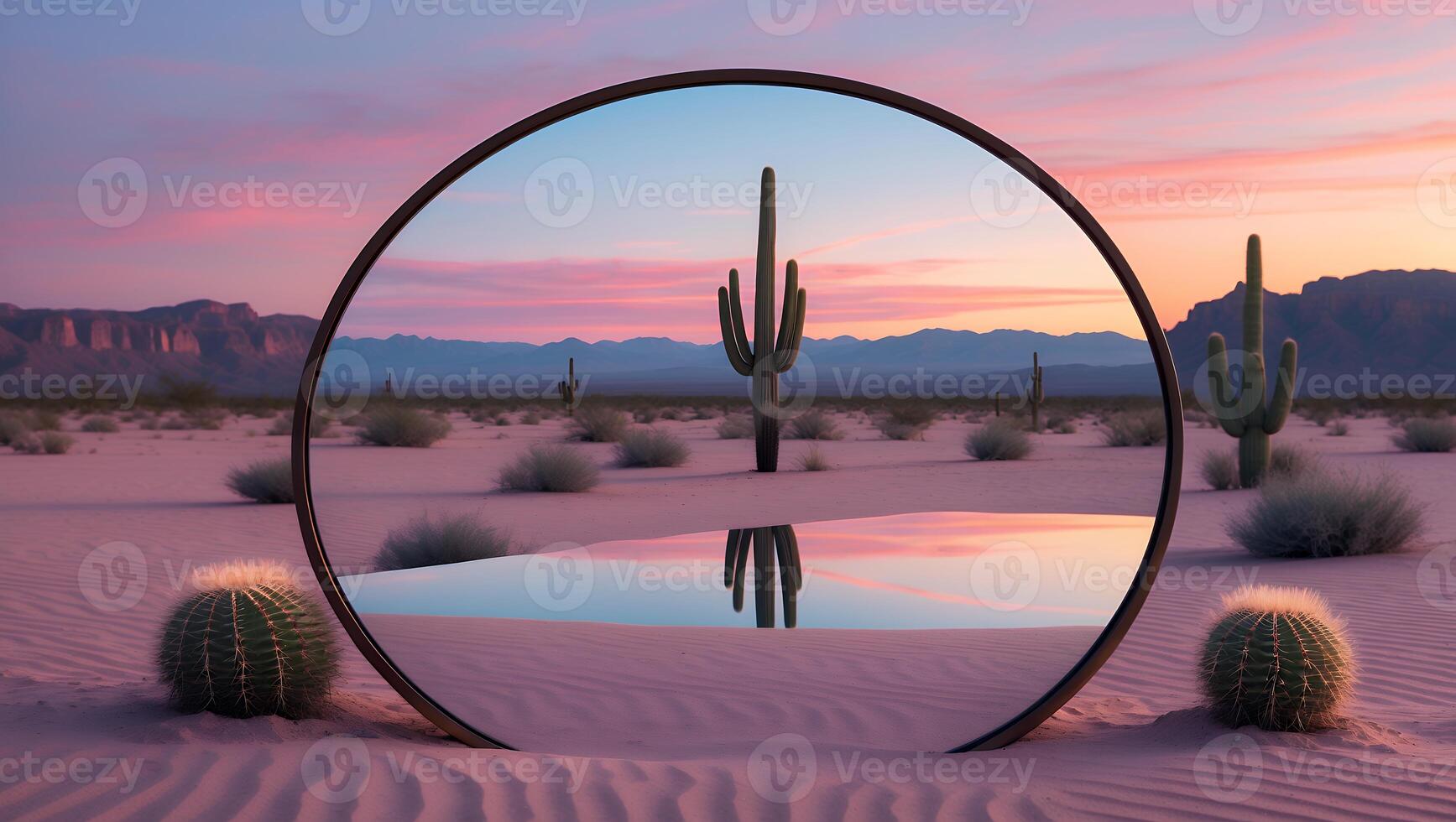 Desert Landscape with Circle Frame and Cactus Reflected in Water photo