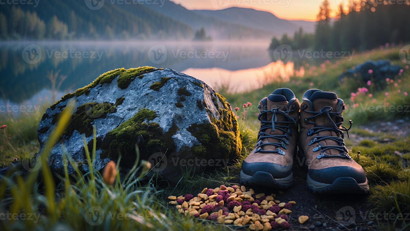 Hiking Boots and Trail Snacks by Lake at Sunset Adventure photo