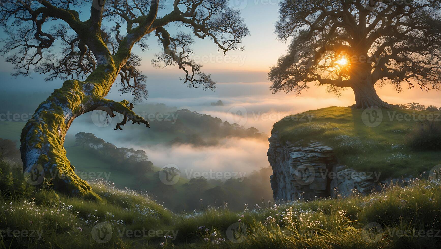 Standing Tree on Cliffside Overlooking Misty Valley at Dawn photo