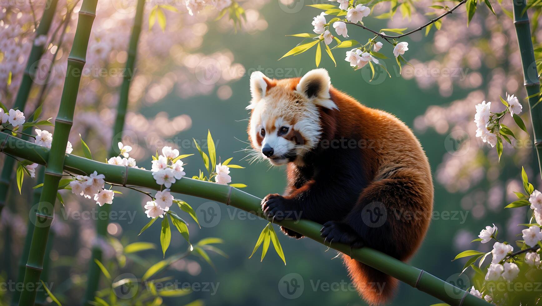 Red Panda Sitting on Bamboo Branch in Natural Flower Garden photo