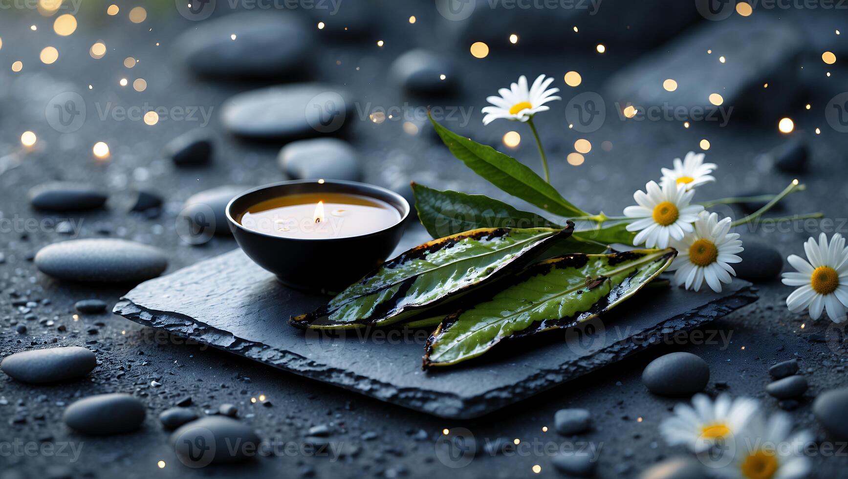 Candle with Flowers and Green Leaves on Stone Slate Arrangement photo