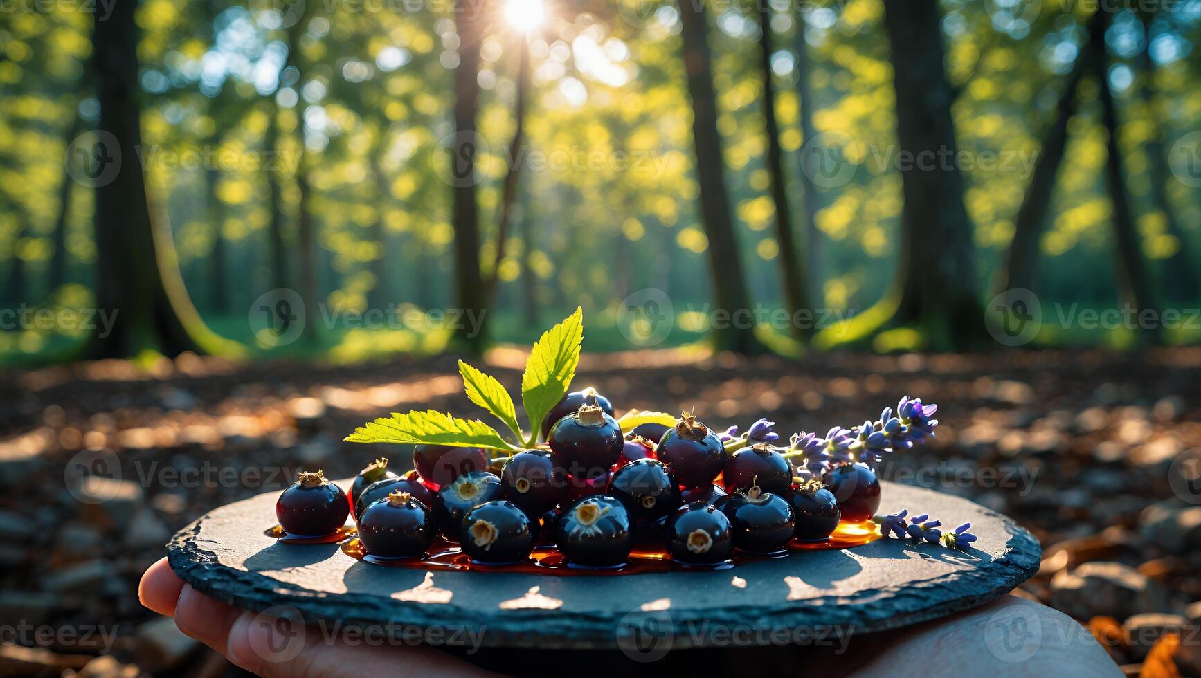 Serving Fresh Currants on Slate Plate in Sunny Forest Setting photo