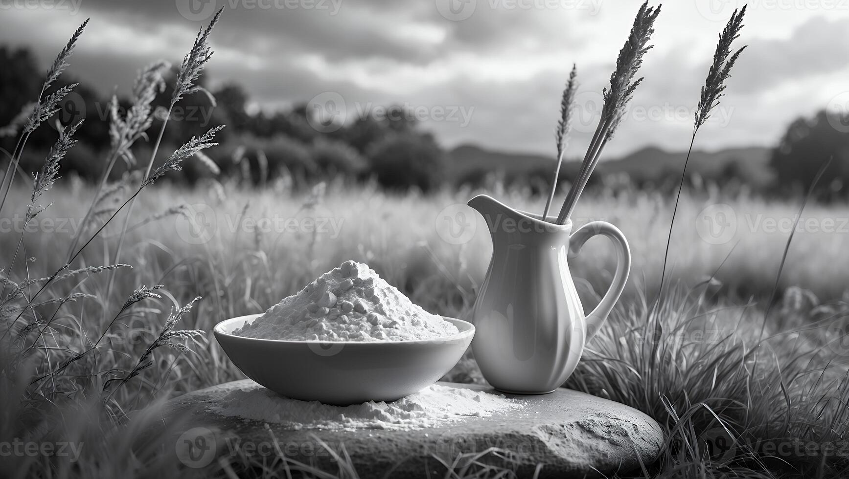 Still Life Bowl of Flour and Pitcher in Grassy Field photo