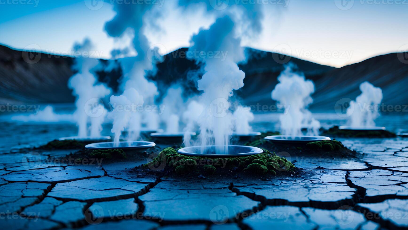 Geothermal Steam Vents on Cracked Earth with Mountain Background photo