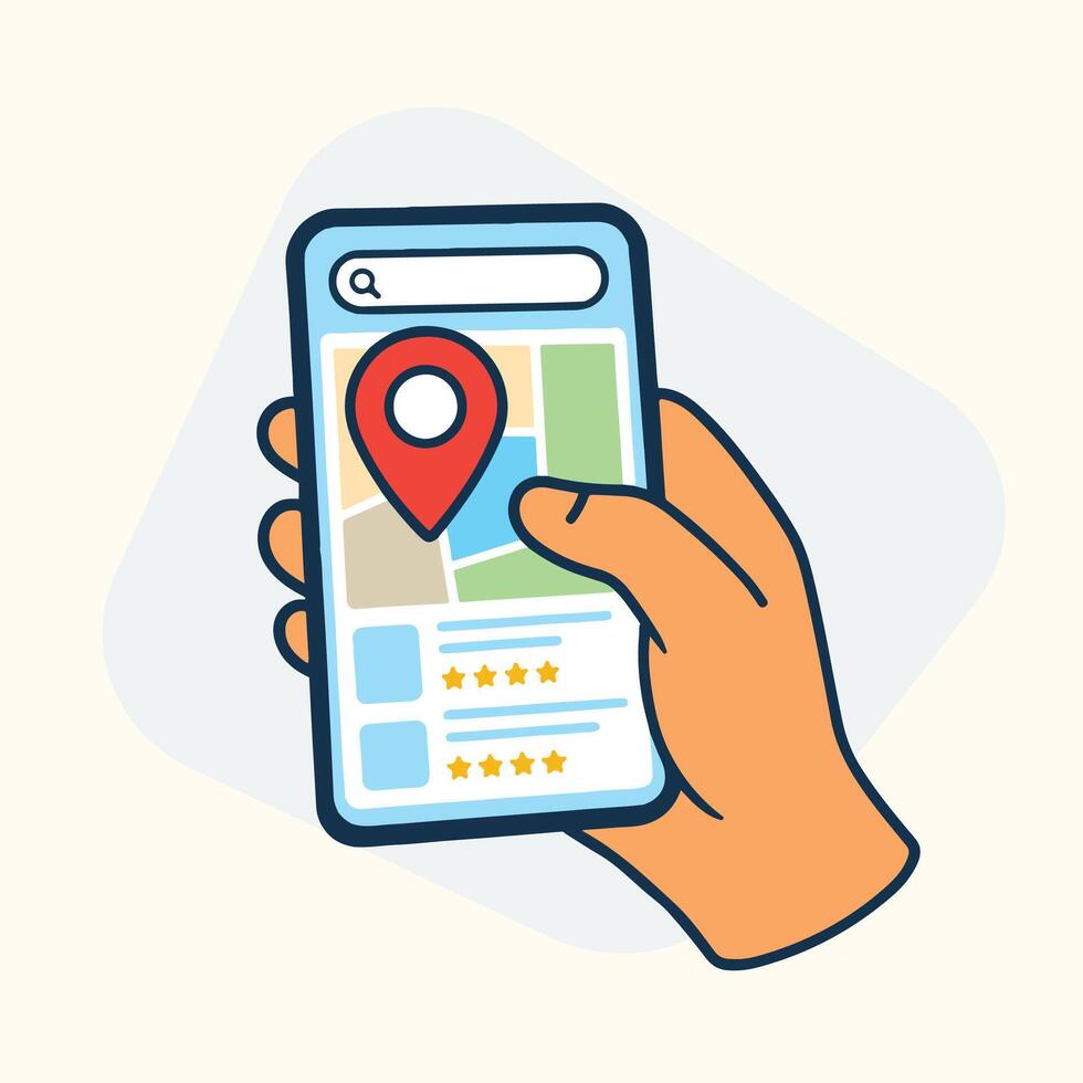 Hand holding light blue smartphone displaying map location pin search results with yellow star vector