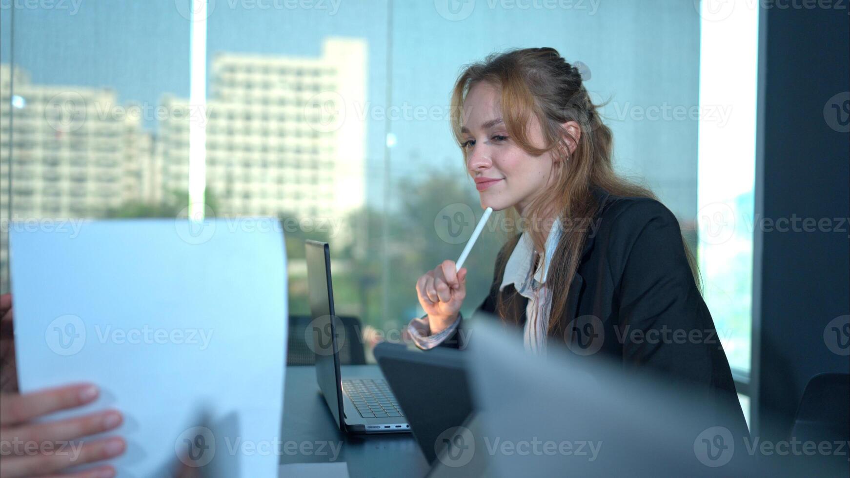 Portrait of businesswoman thinking and finding a good way to make a business plan, 11 photo