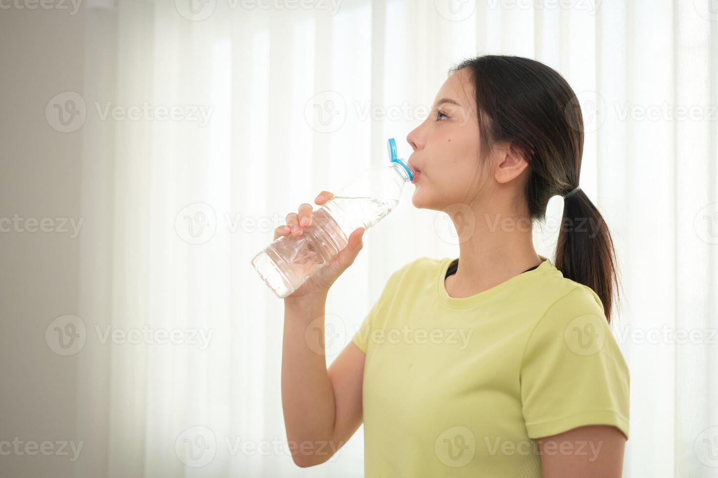 Portrait of young sports women breaks and drinks water after yoga practice,24 photo