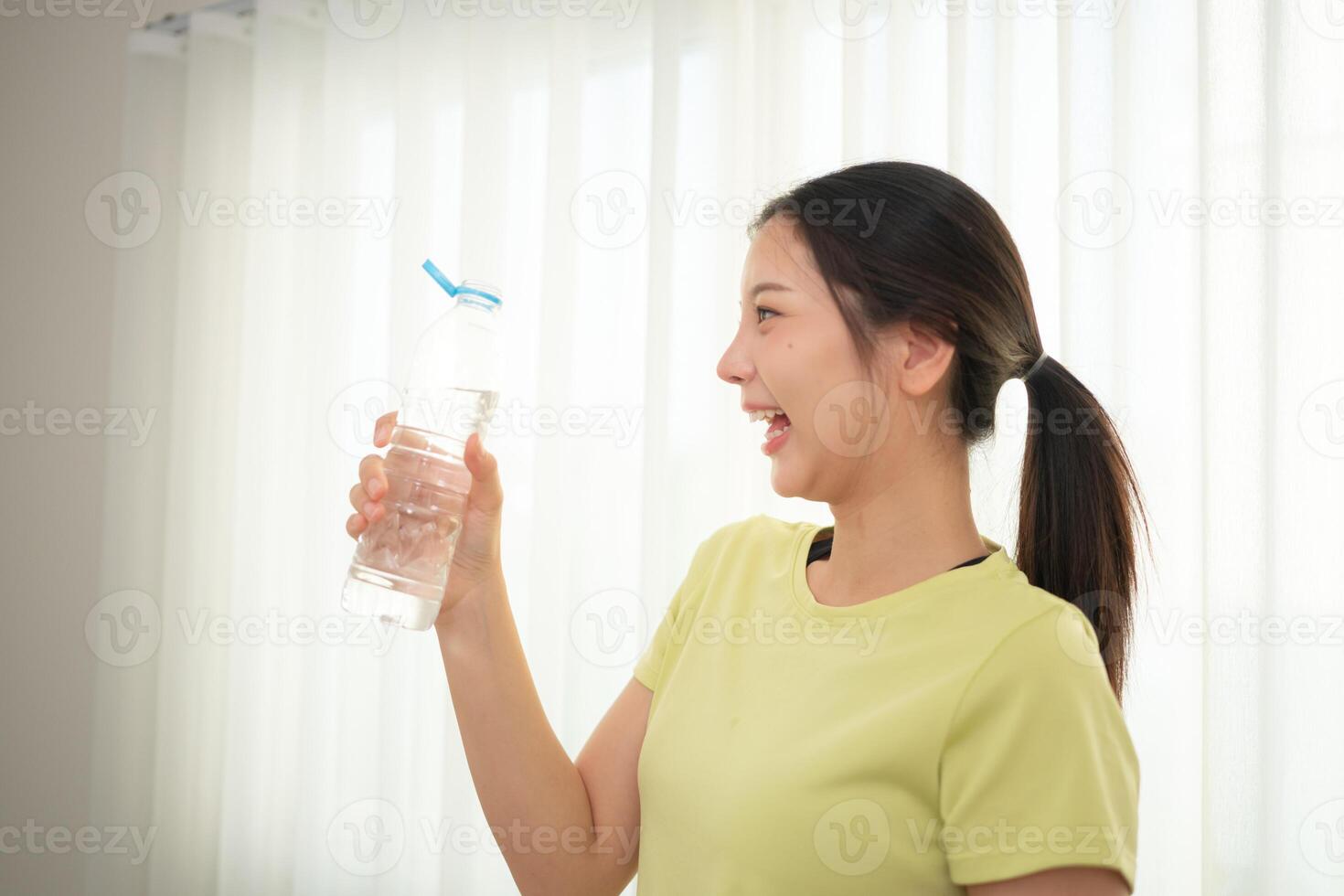 Portrait of young sports women breaks and drinks water after yoga practice,18 photo