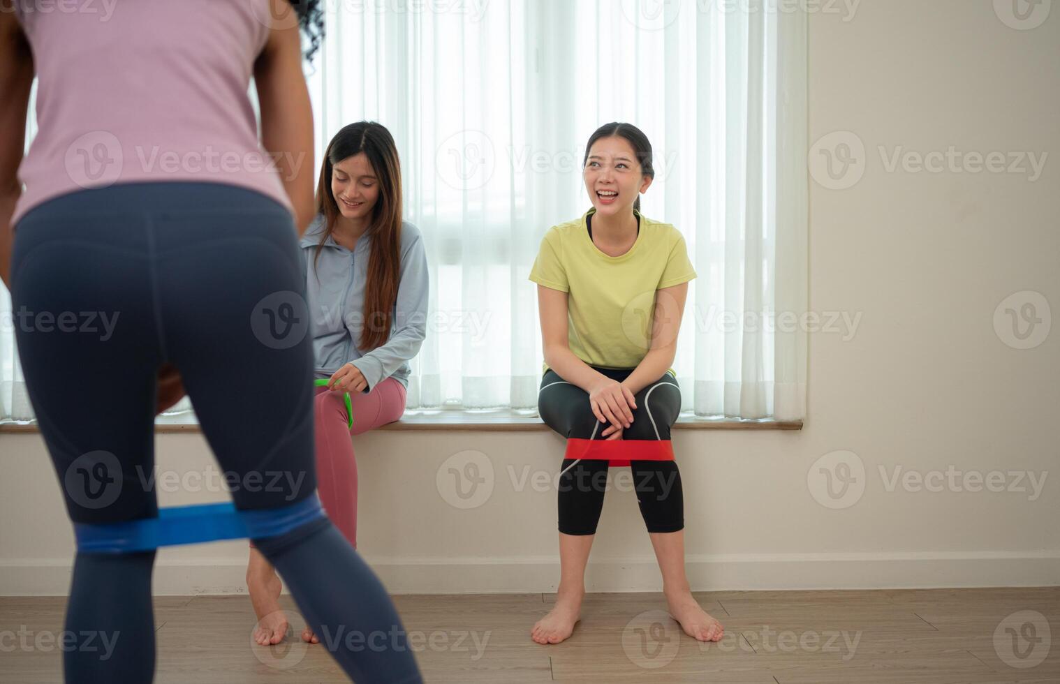A group of young sports women with practice yoga class,13 photo