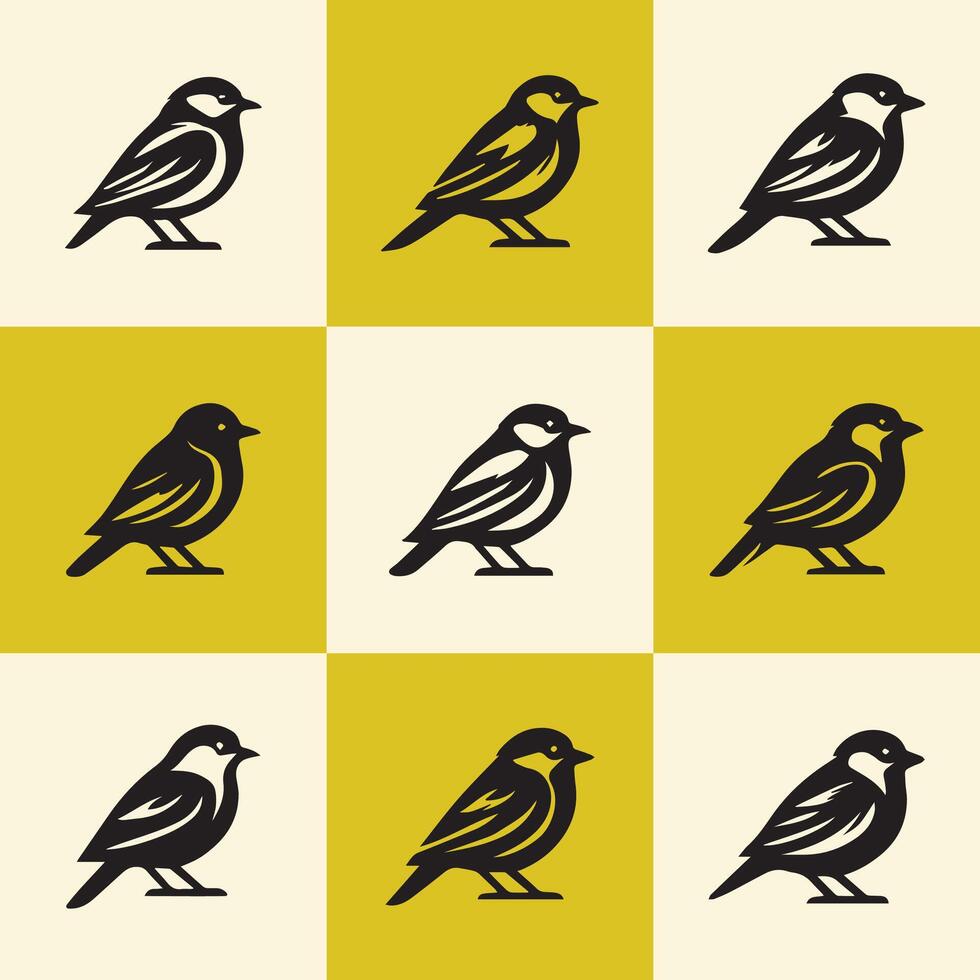 Nine Black Bird Silhouettes on Yellow and Cream Checkerboard birds vector
