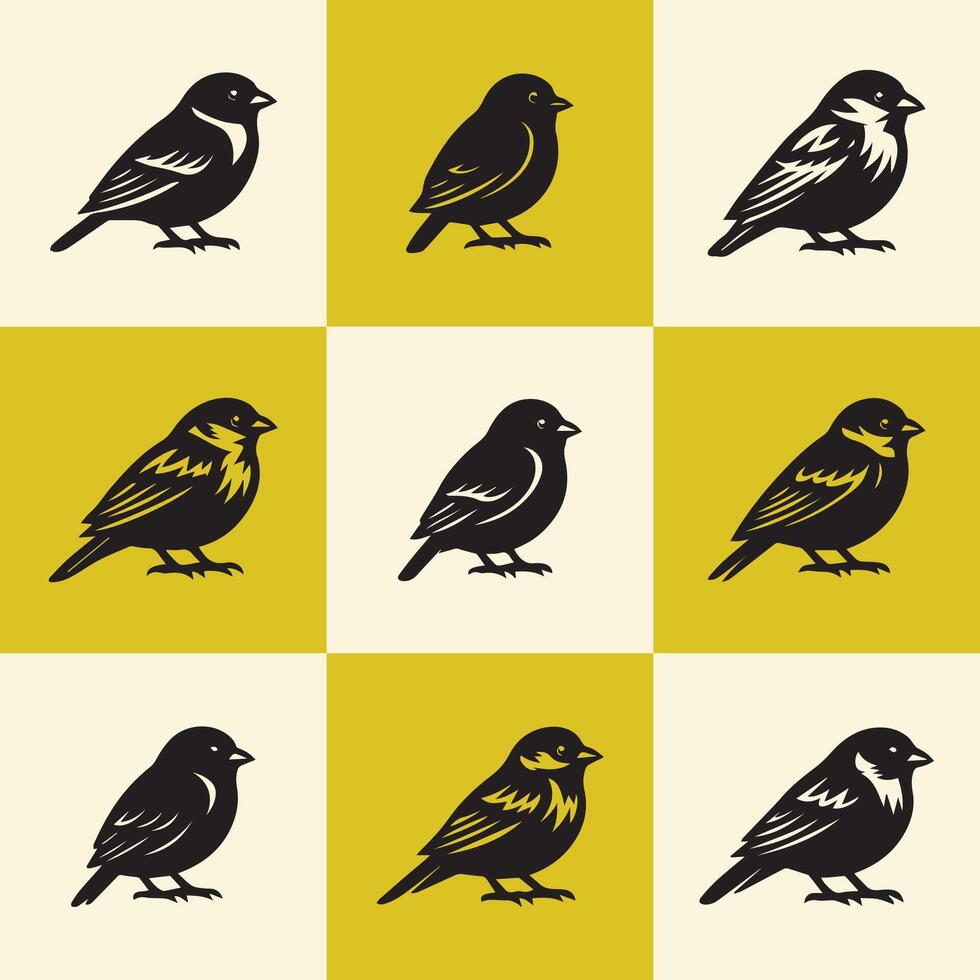Nine Black Sparrow Bird Silhouettes on Yellow and White Checkerboard vector
