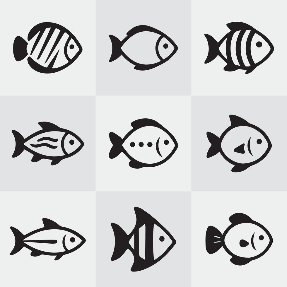 Nine Simple Black and White Fish Icons Set Graphic Design Elements vector