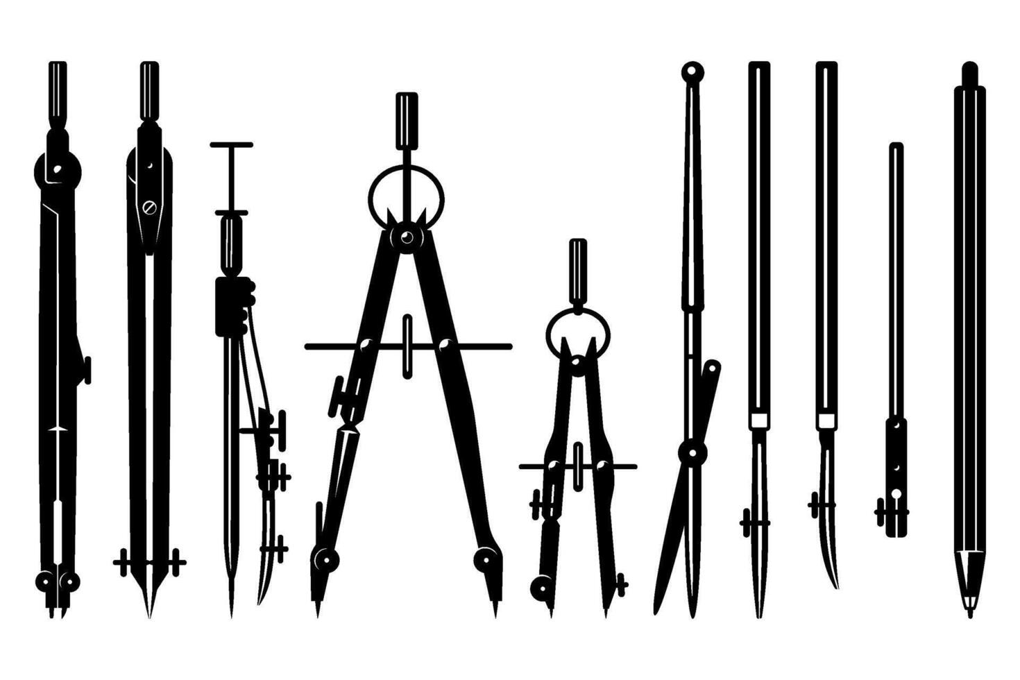 Drafting Tools Set. Black and white cliparts isolated on white. vector