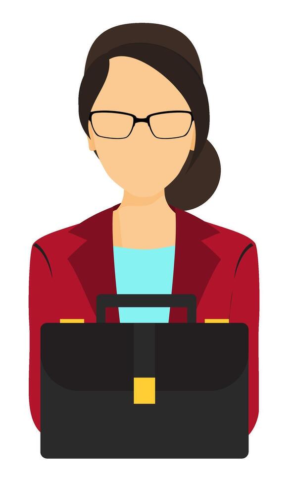 Businesswoman, faceless, with hair in a side bun and glasses. Colored suit jacket, holding a business case. Shows professionalism, ideal for use in business, corporate, and career-focused content. vector