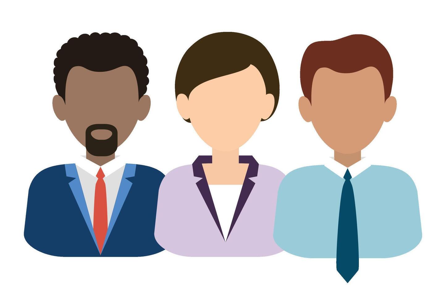 Illustration of business individuals, two men and one woman, shown from the waist up, with different skin tones, hairstyles, and clothing styles. The characters are faceless to represent inclusion. vector