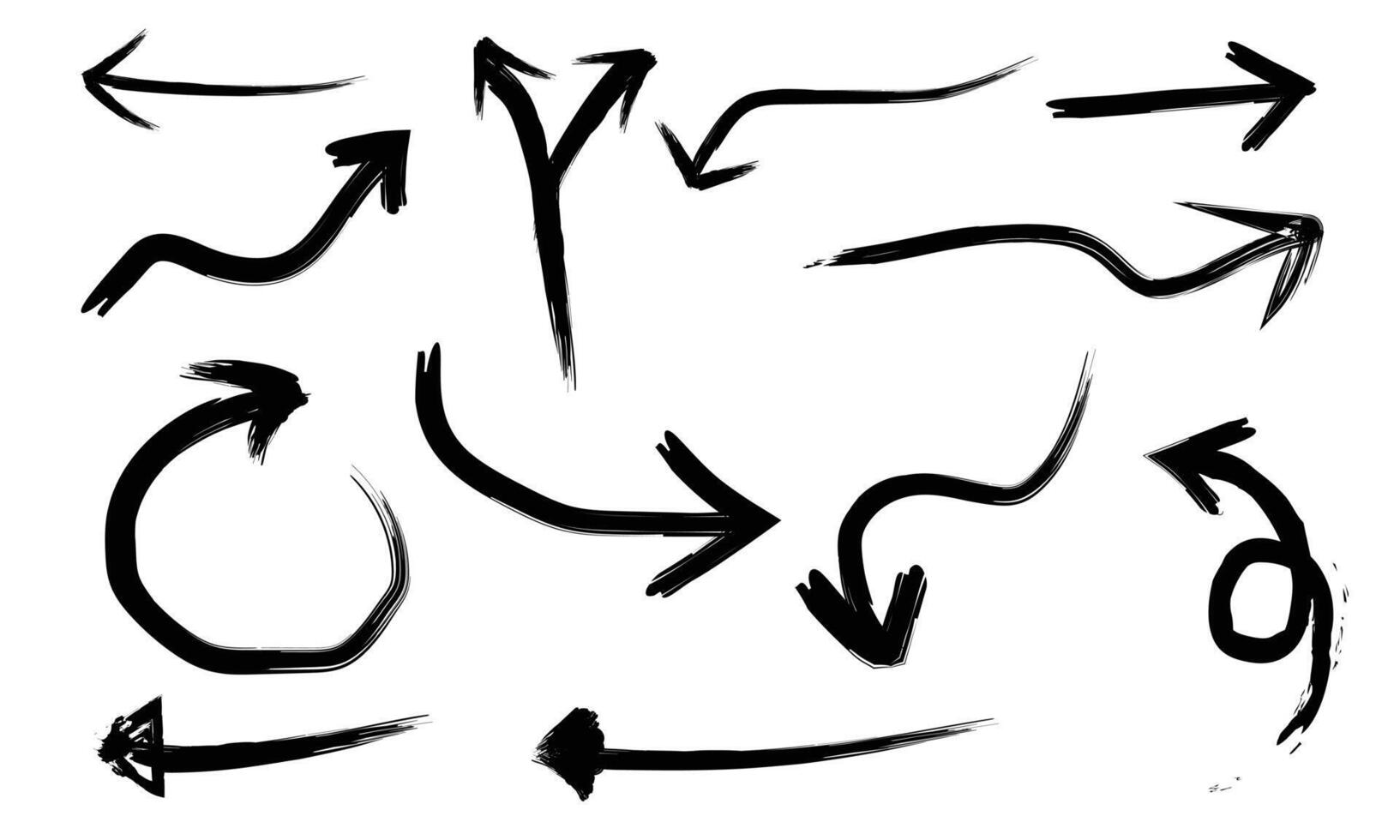 Brush Charcoal arrows icons set. Hand drawn freehand different curved lines, swirls arrows. Doodle marker drawing, black chalk smears. vector
