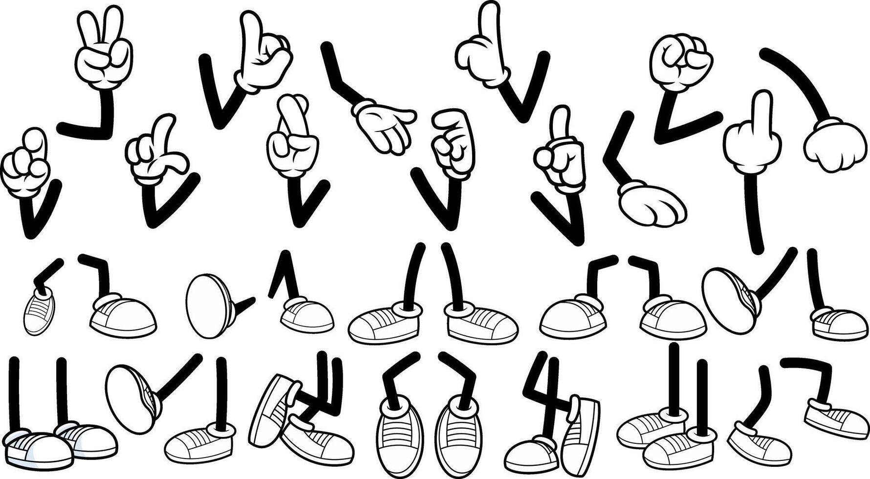 Cartoon Arms And Legs Set With Gloved Hands And Sneakers In Black And White vector