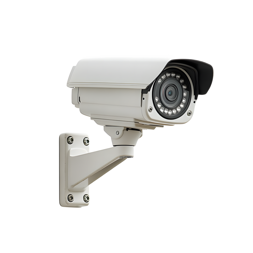 A modern security camera mounted on a wall. png
