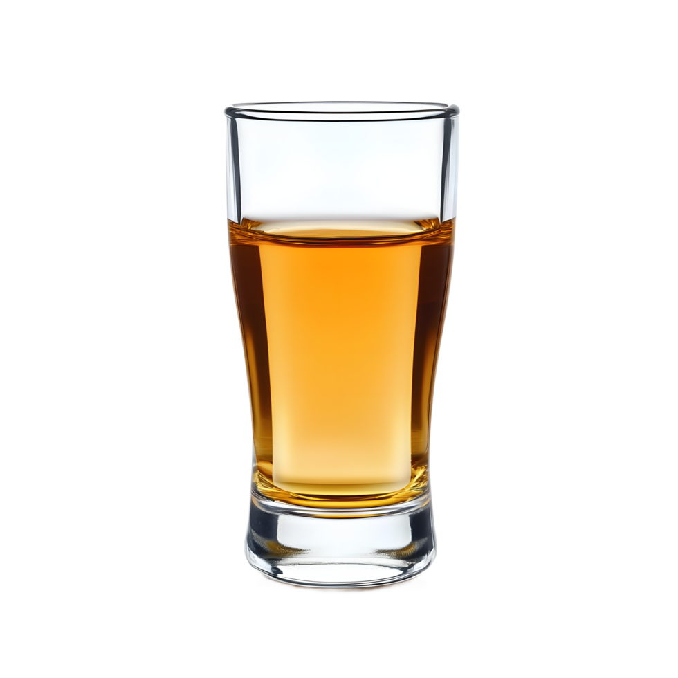 Close-up of a shot glass filled with amber liquid. png