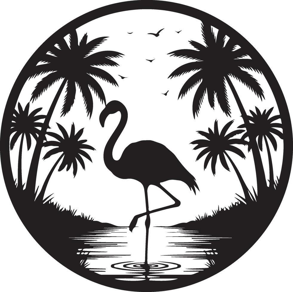Tropical Flamingo Silhouette in Palm-Lined Pond vector