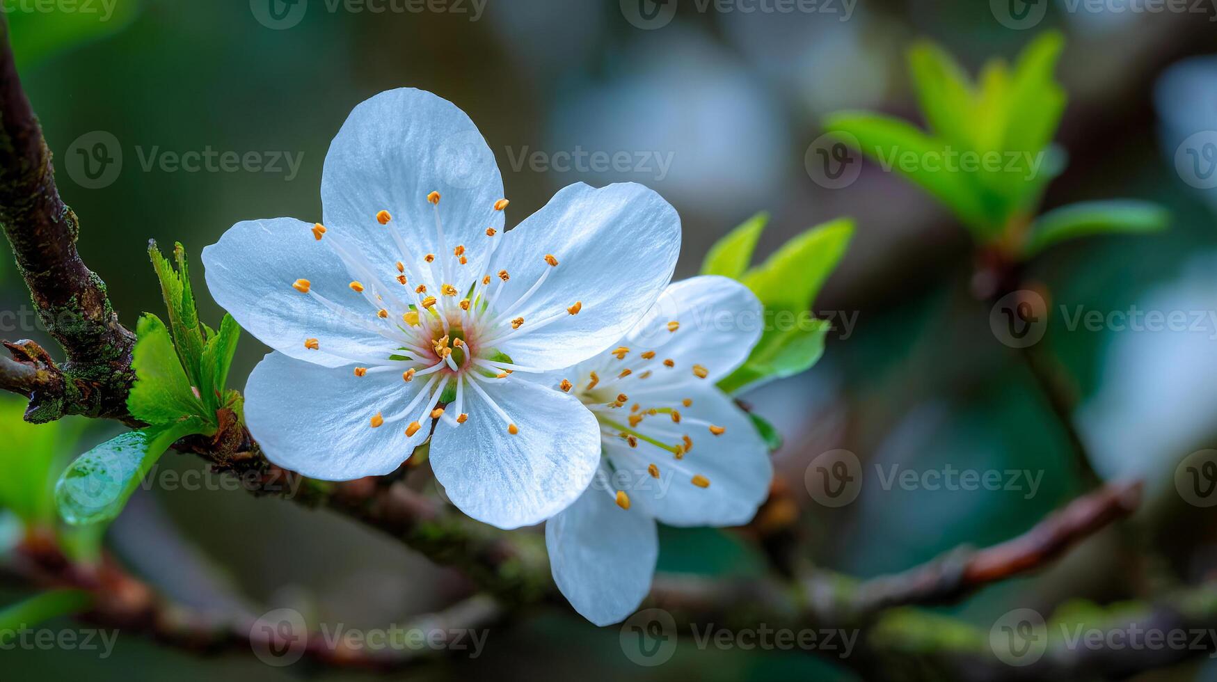 Beautiful flower in bloom wallpaper on tree with green background photo