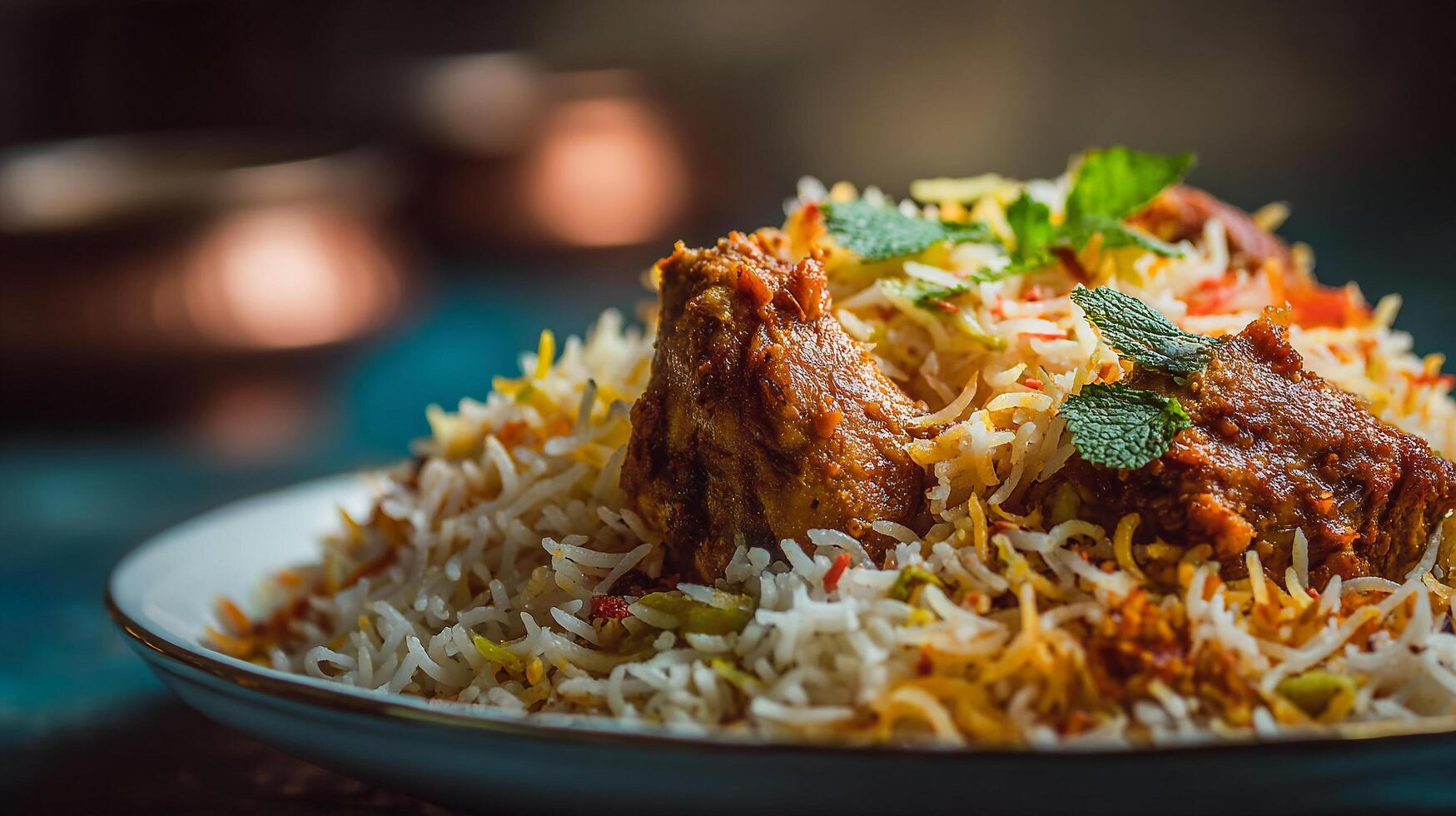 Gourmet style chicken biryani image with herbs and lime slices photo