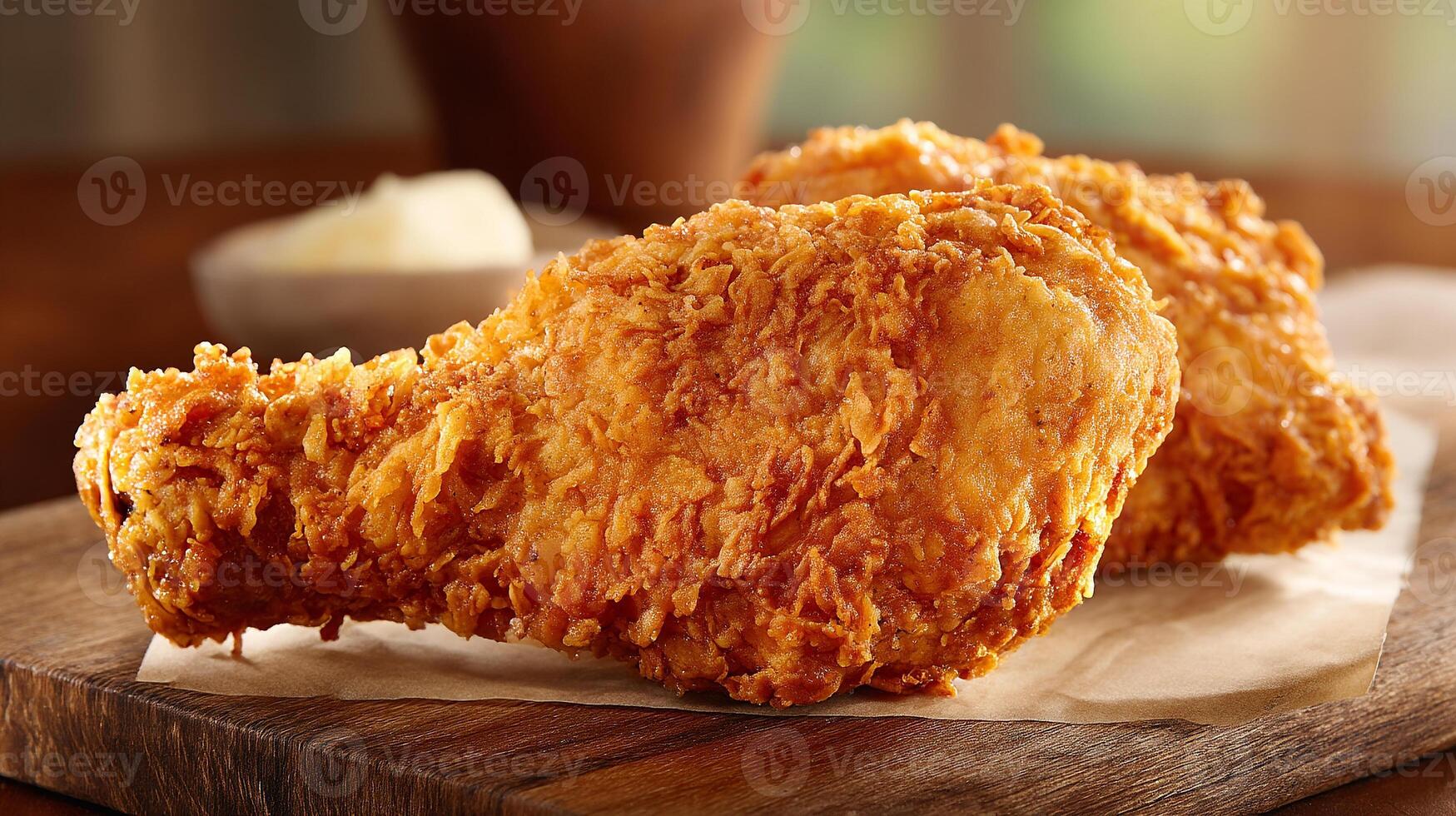 Sharp focus golden fried chicken leg piece close-up photo