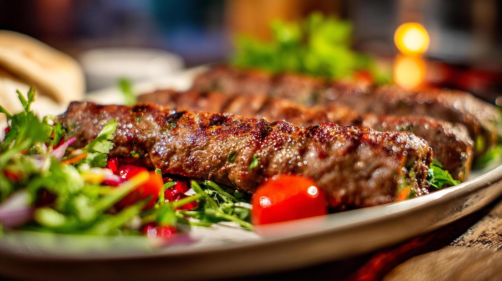 Delicious juicy kabab served with colorful vegetables and juicy herbs photo