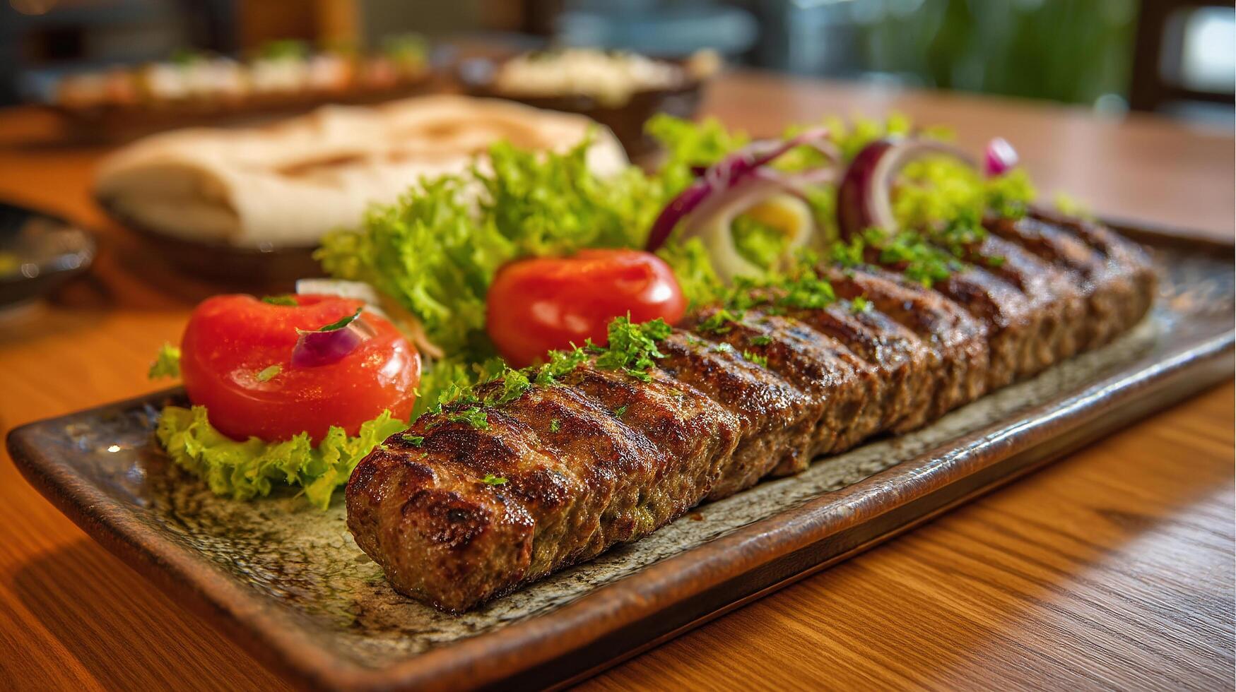 Tasty juicy kabab garnished with greens in bright lighting photo