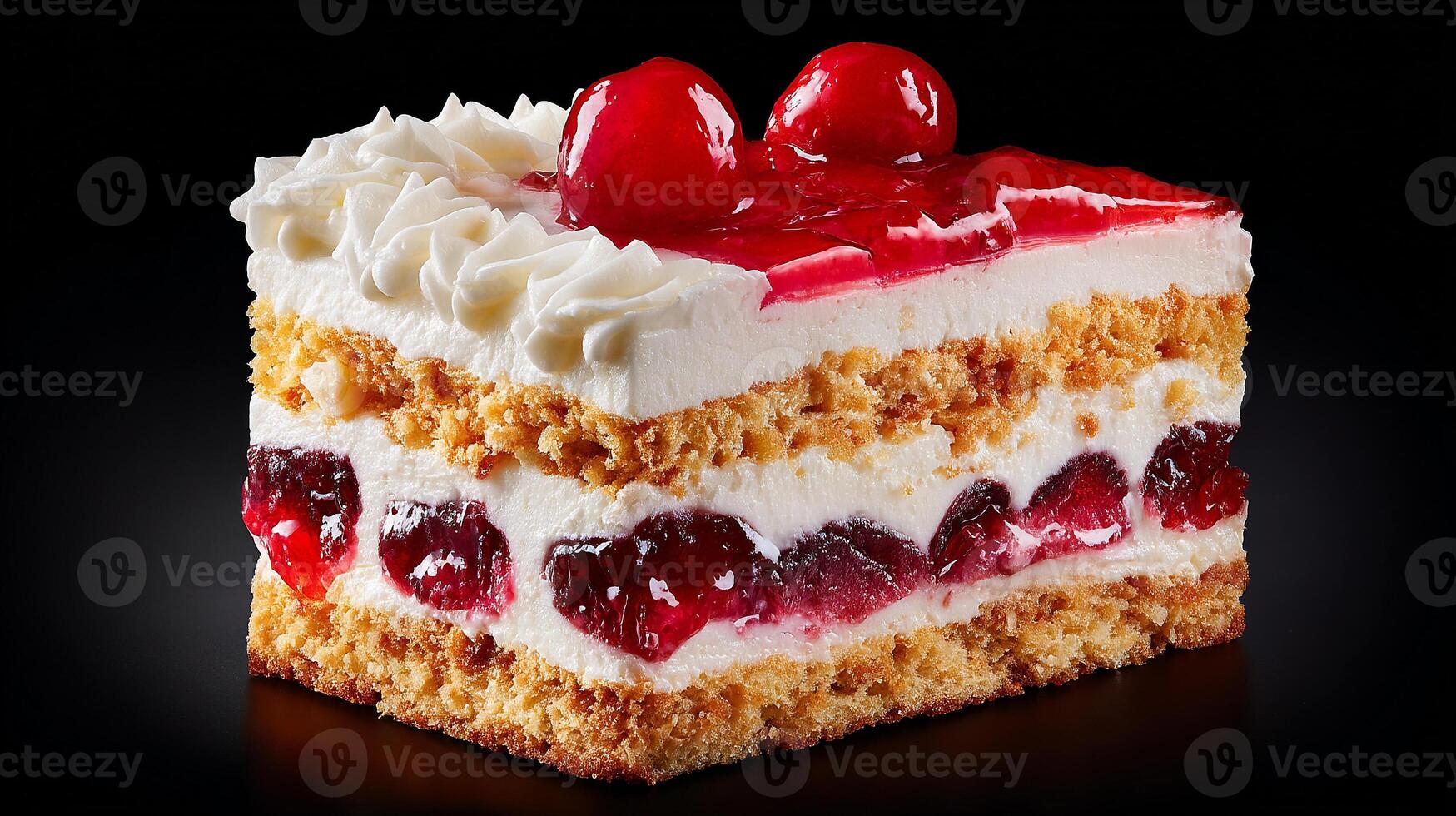 Closeup food photo of slice cake with fresh cream