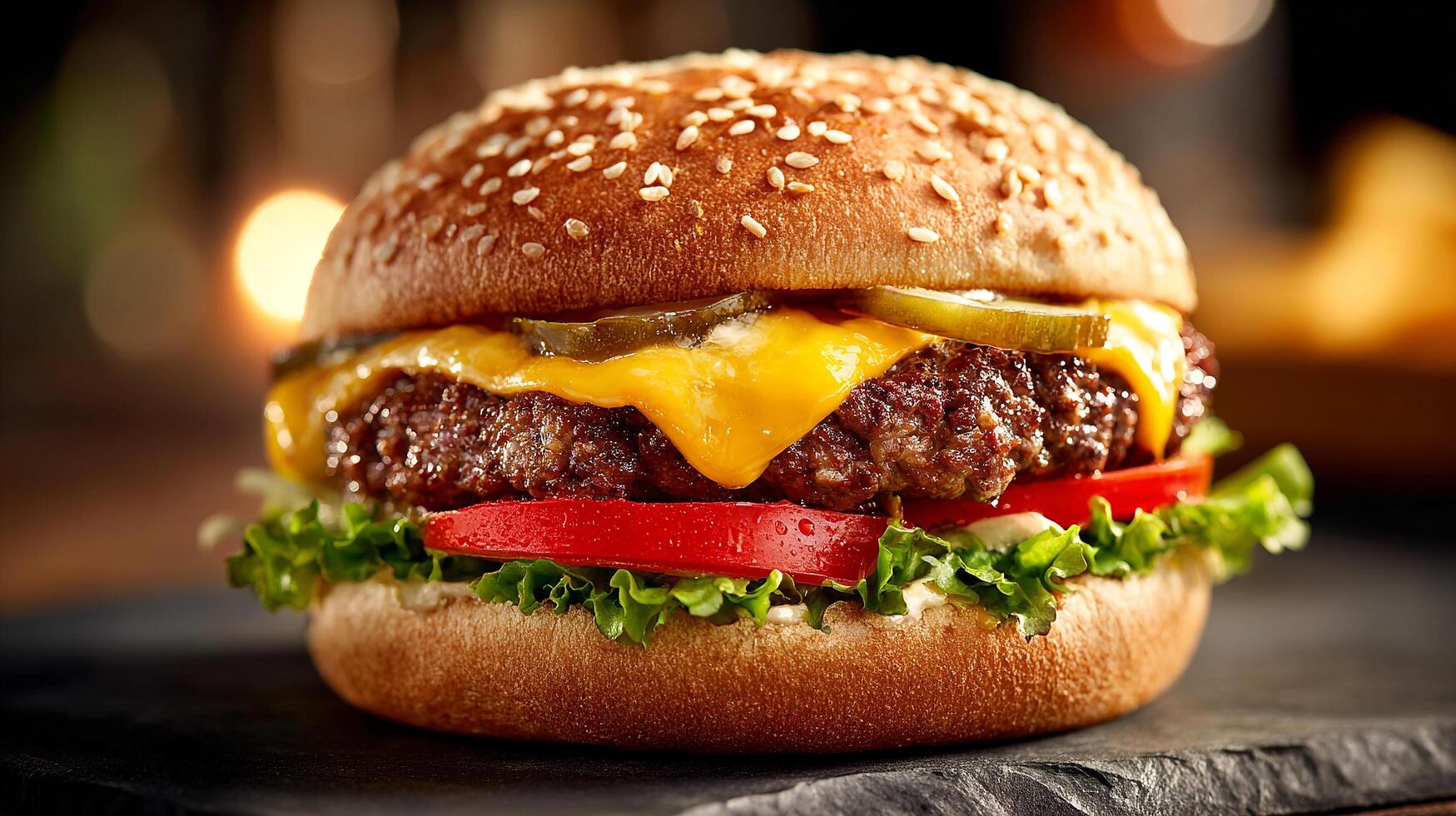 Crisp detailed photo of juicy cheeseburger with sesame bun