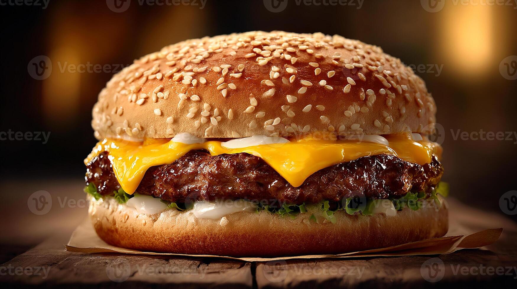 Juicy cheeseburger closeup photo with melted cheese and tomato