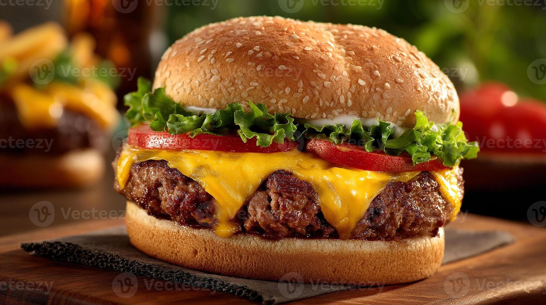 Juicy cheeseburger in sharp focus with fresh tomato slice photo