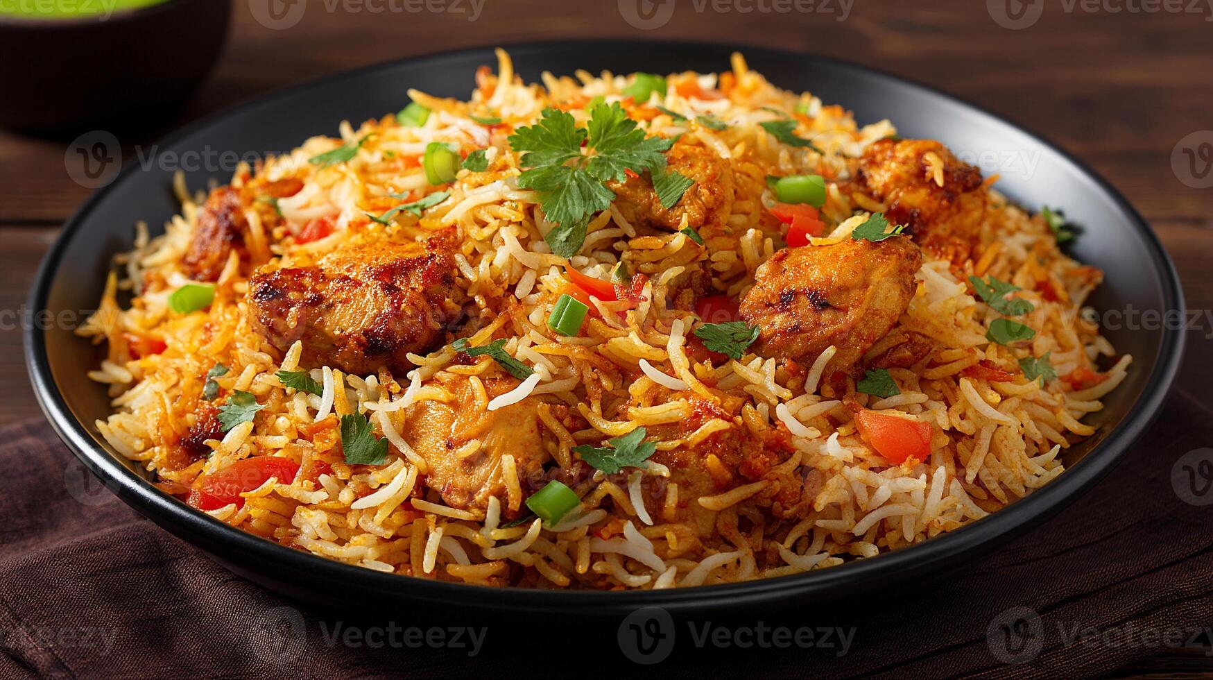 Biryani image plated with mint garnish and flavorful chicken thigh photo