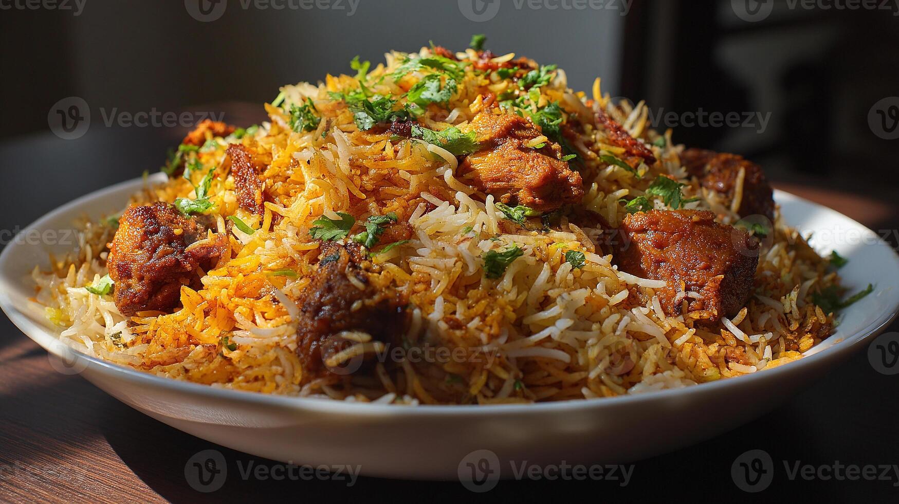 Authentic biryani image plated neatly with high definition texture photo