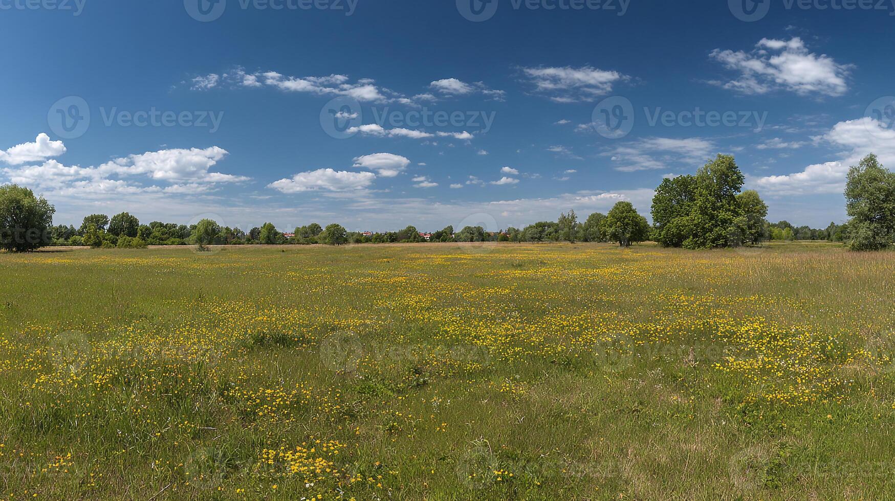 Photorealistic summer meadow photography with lush greenery photo