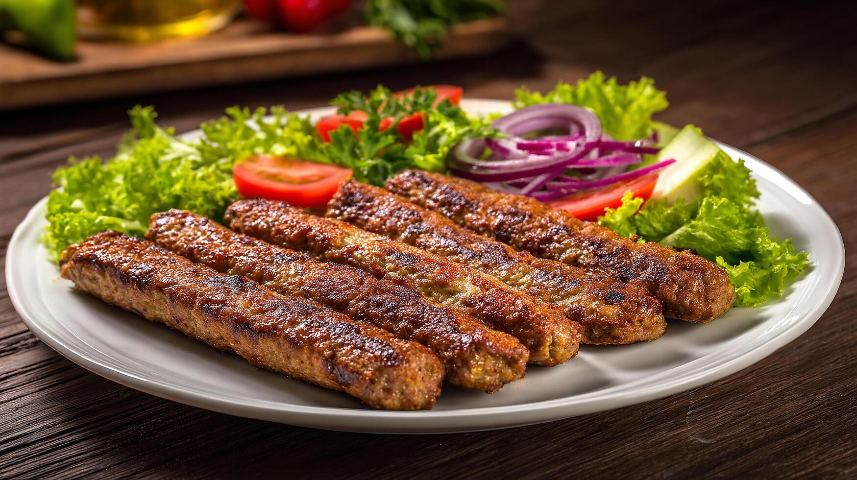Succulent and tasty kabab served with delicious salad and spices photo