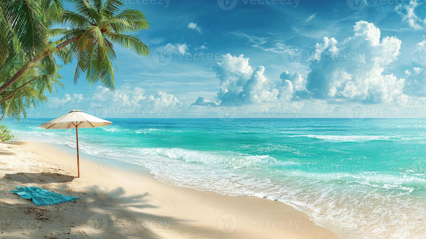 Golden sunlight on turquoise beach photo