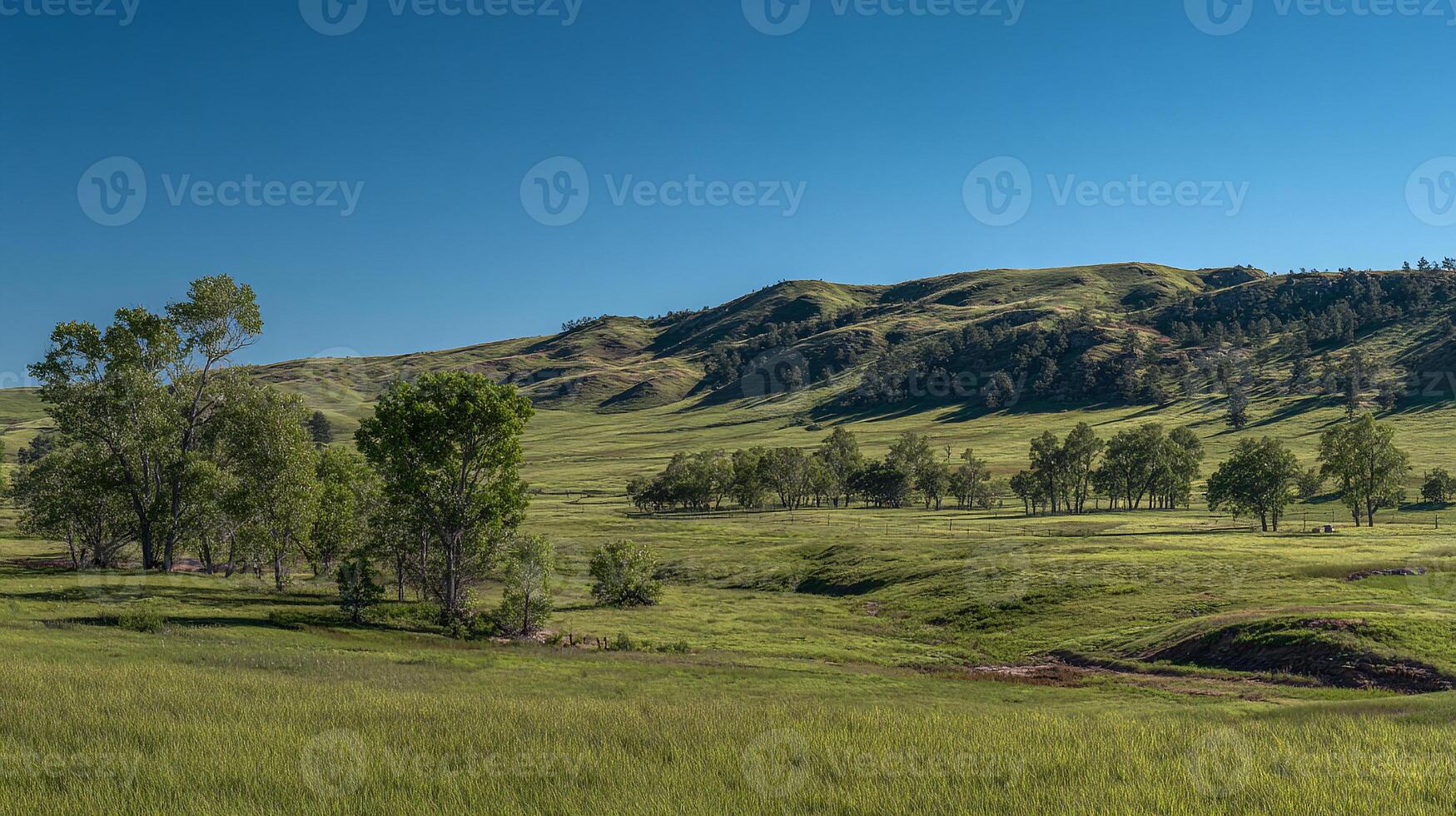 Photorealistic landscape scenery of summer under clear blue sky photo