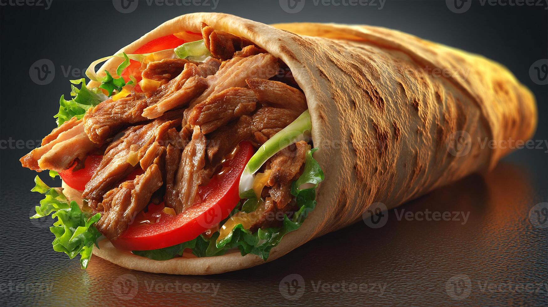 Juicy meat shawarma wrap with fresh veggies photography photo