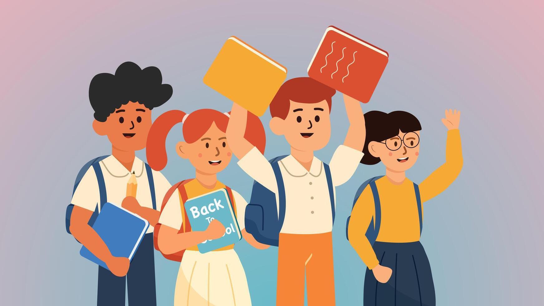 Students with books celebrating back to school vector