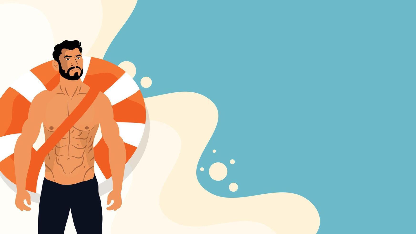 Shirtless man walking confidently on beach with orange lifebuoy vector