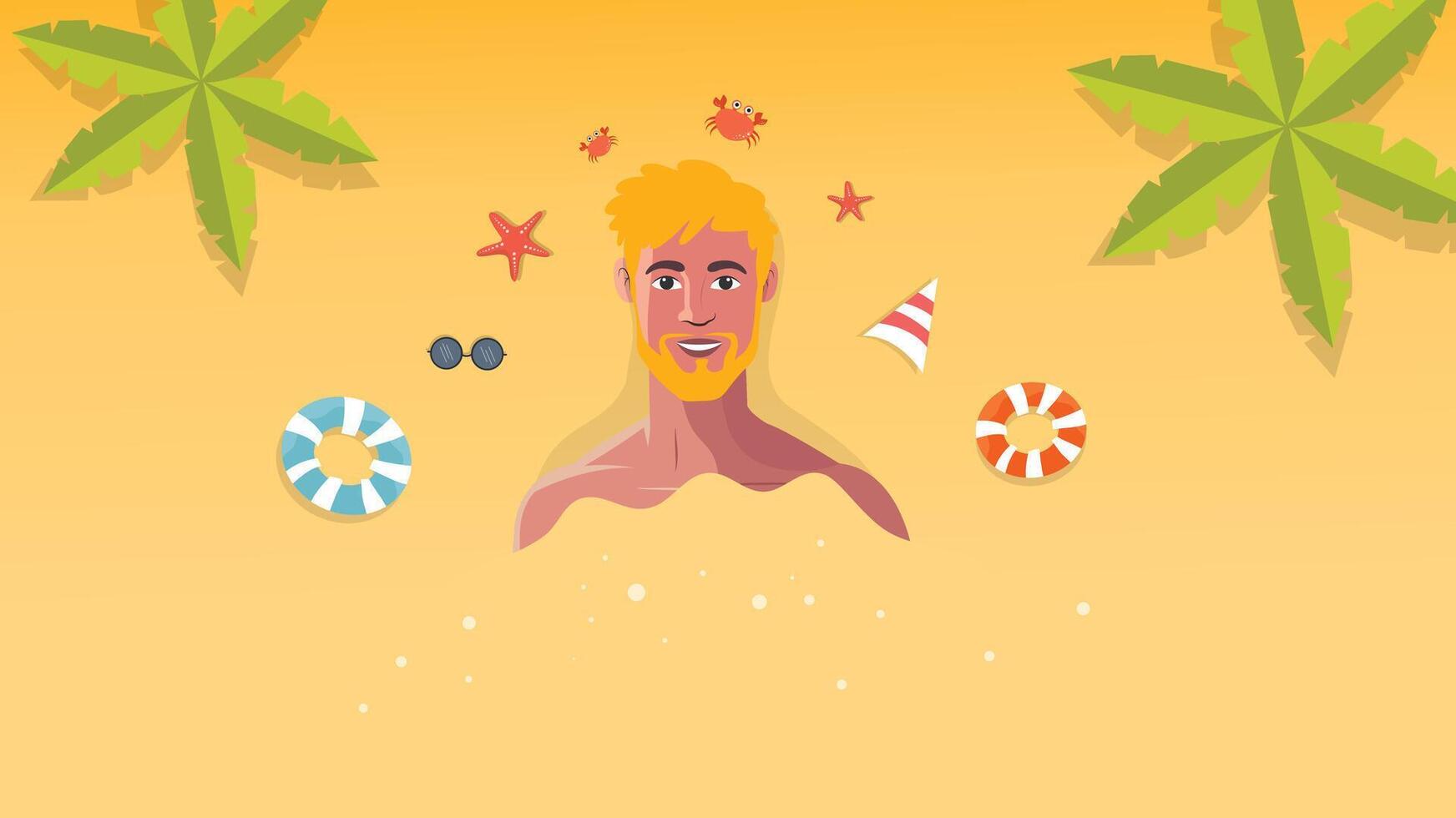 Relaxing blond man enjoying sun on tropical beach with palms and fun icons vector