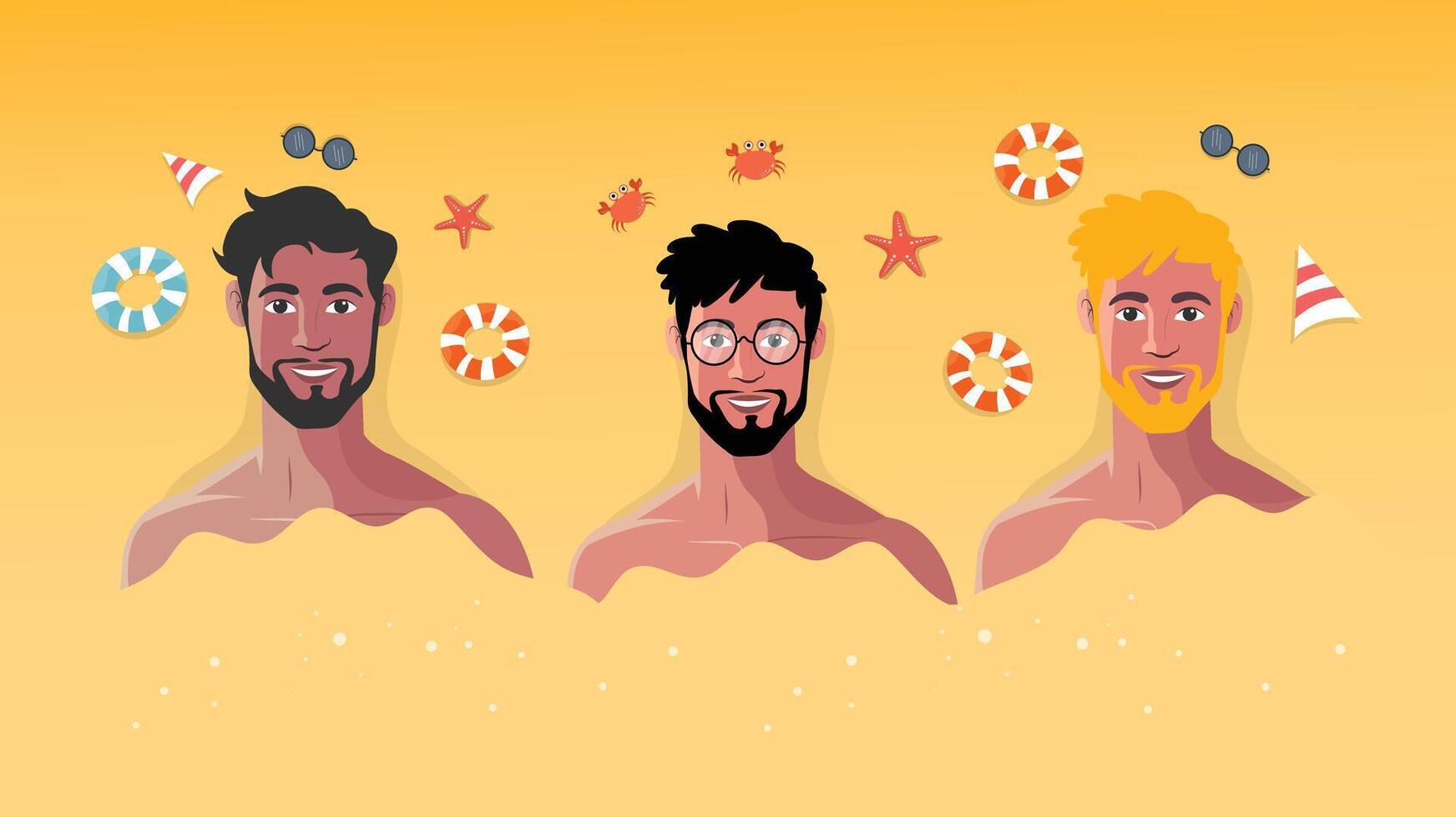 Three stylish young men swimming in sea with beach elements and sunlight vector