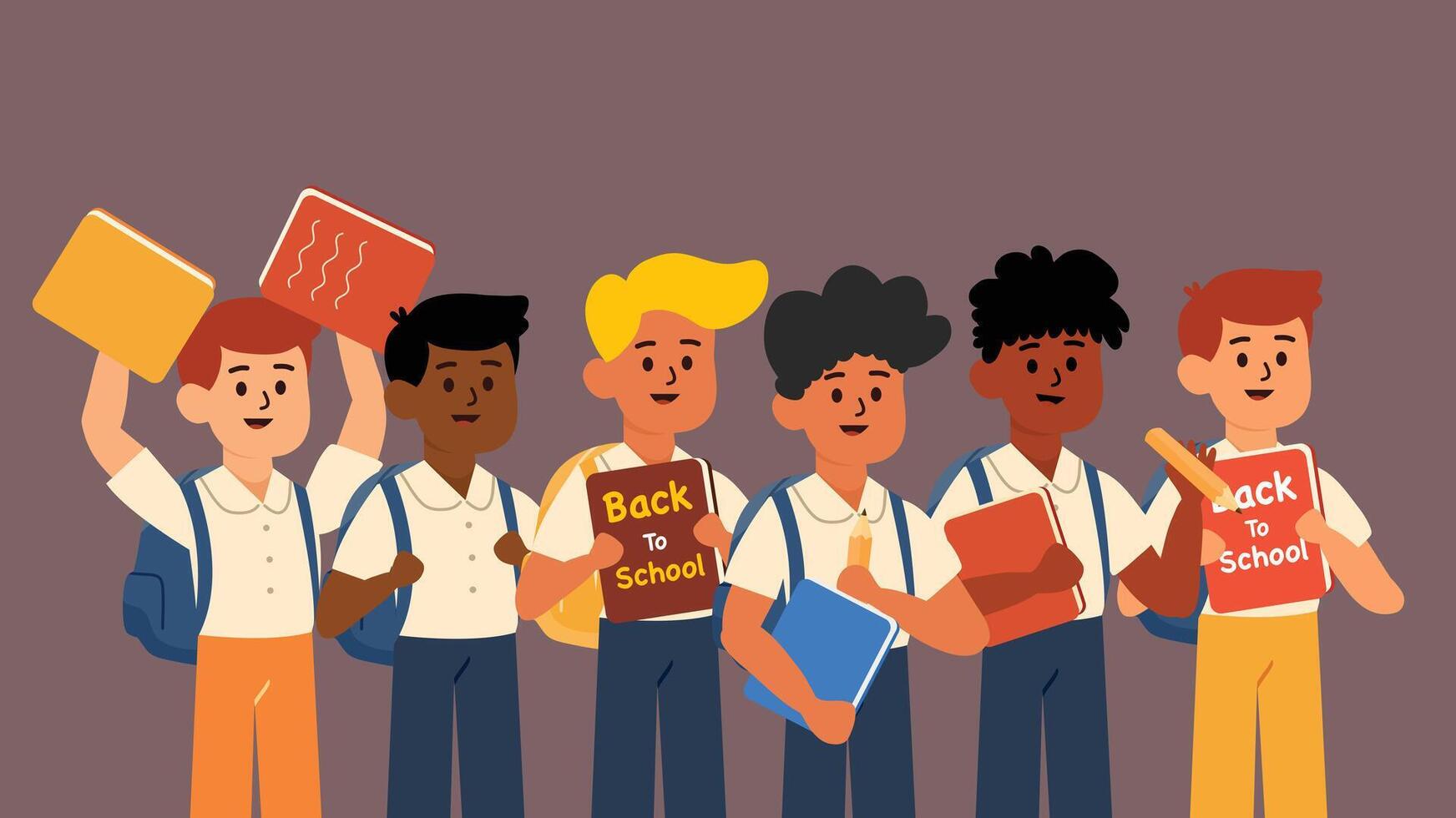 Six students of different backgrounds raising books and cheering vector