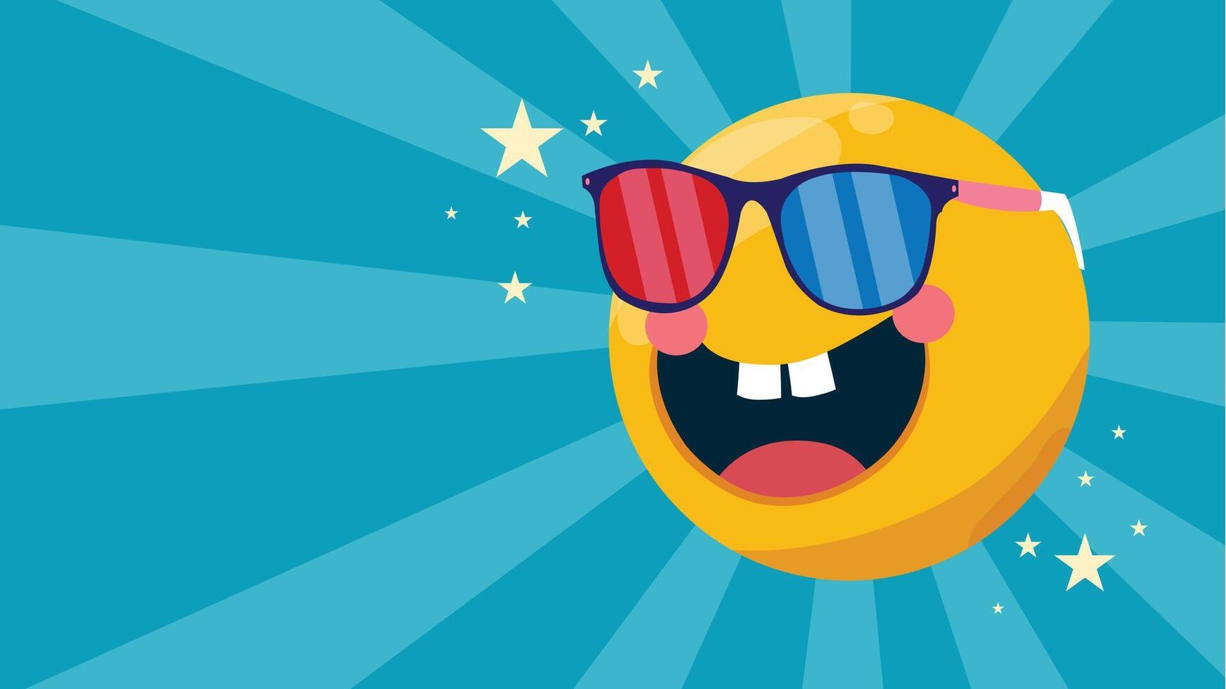 A fun emoji with colorful shades smiling confidently in radiant backdrop vector